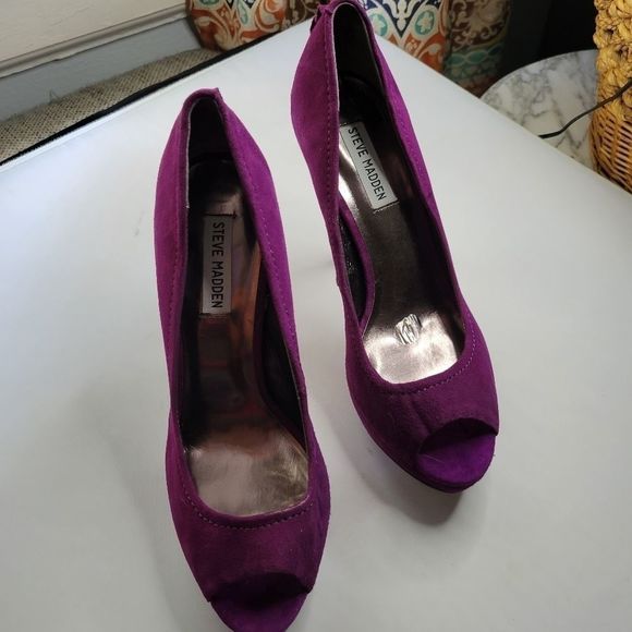STEVE MADDEN Purple Silver Suade Peep Toe Heels - Picture 2 of 16